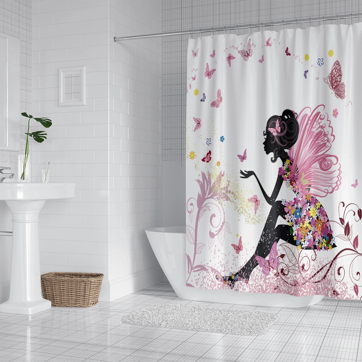 1PC 180x180cm  Little Fresh Butterfly Girl Flower Pattern Polyester Shower Curtain Waterproof Cloth Decoration Bathroom Curtain