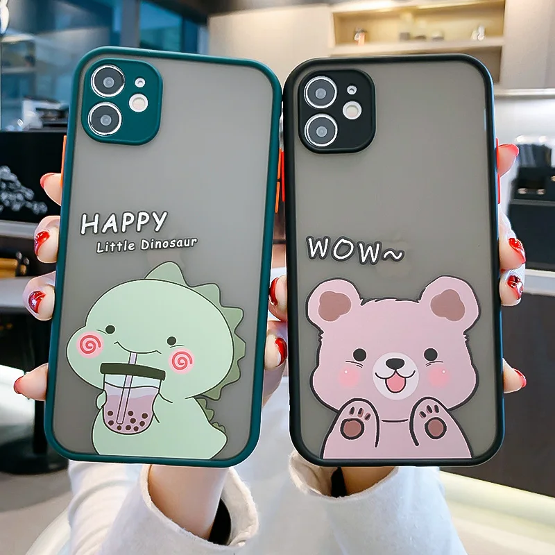 Cartoon Drinking Dinosaur Phone Case for iPhone 14 13 12 11 Pro Max X Xs Max XR SE 2020 8 7 6 Plus Fashion Hard Matte Cover