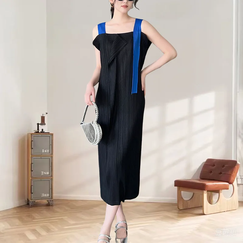 

Miyake Pleated Dresses 2025 Summer Miyake High End Fold French Casual Holiday Style Pleat Halter Neck Dress Women Clothing