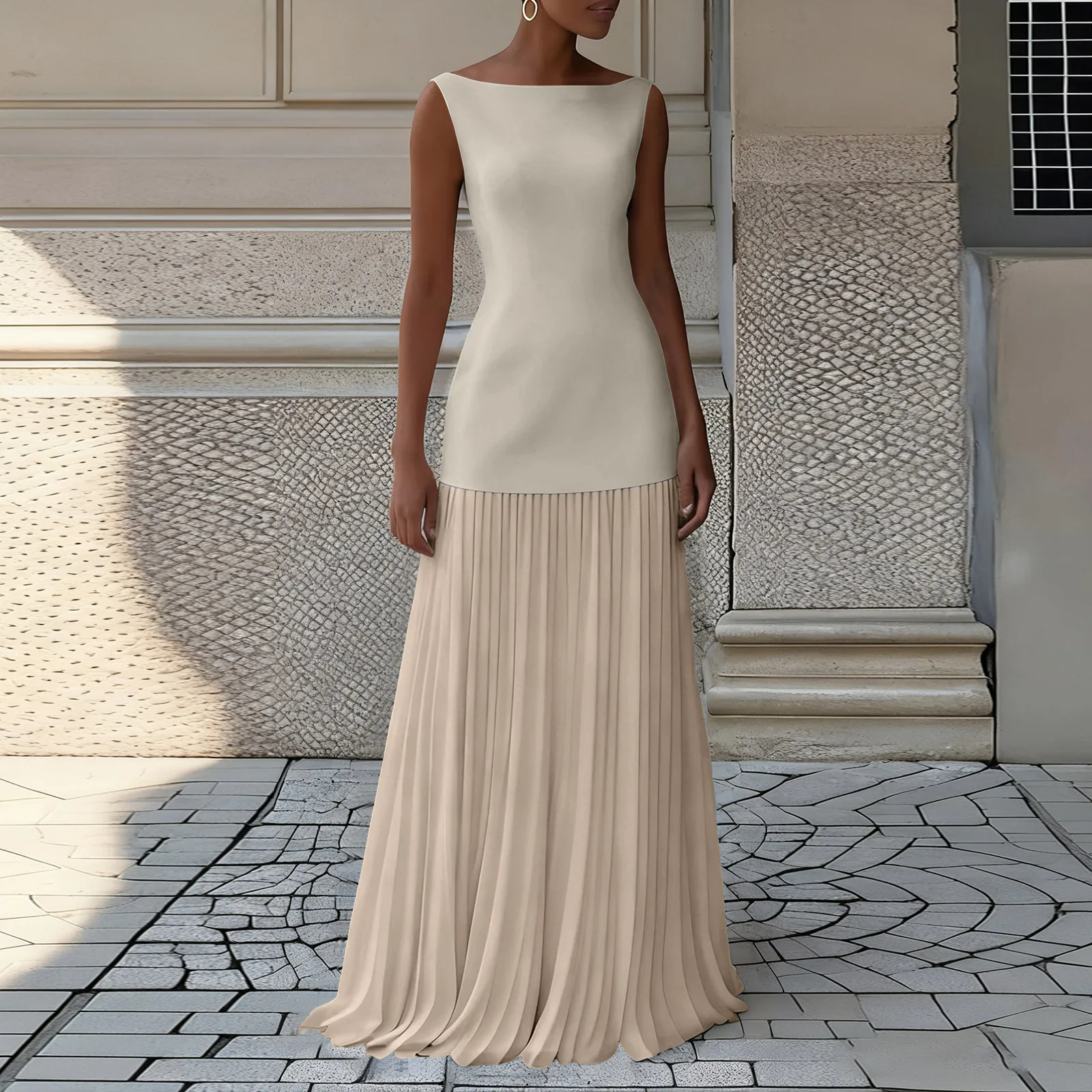 Vrouwen Mouwloze Slash Hals Losse Solid Party 2025, Zomerjurken Vakantie A-lijn Gewaad Geplooid Patchwork Elegante Lange Jurk