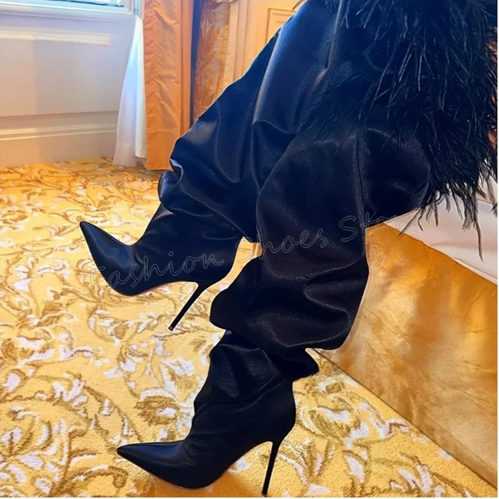 

Black Feather Decor Pleated Boots Pointed Toe Stilettos High Heels High Heel Shoes for Women Heels 2025 New Zapatos Para Mujere