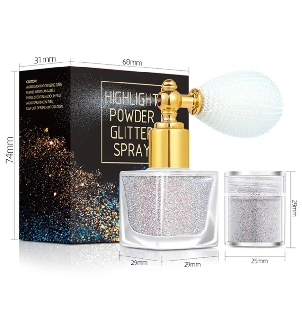 Marca própria maquiagem vegana iluminador glitter spray conjunto para unhas rosto cabelo corpo spray recarga shimmer pó beleza logotipo personalizado