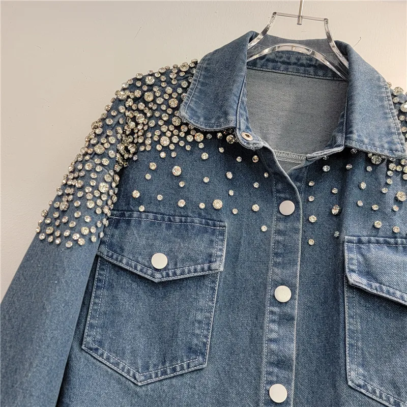 DEAT Women\'s Denim Blouse Full Diamonds Single Breasted Long Sleeve Double Pockets Female Coat 2024 Autumn New Fashion 29L7920