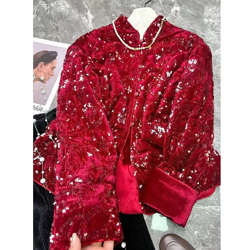 New Year Red Chinese Style Autumn/Winter 2024 Sequin Embroidered Stand Collar Single Breasted Women's Cotton Jacket S-XL