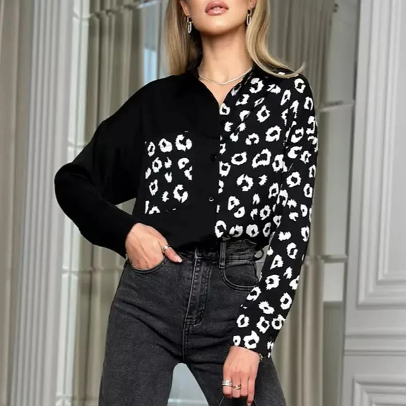 Wiosna jesień kobiety seksowny wzór w cętki koszule moda Patchwork damskie dorywczo luźne bluzki z długim rękawem skręcić w dół kołnierz topy