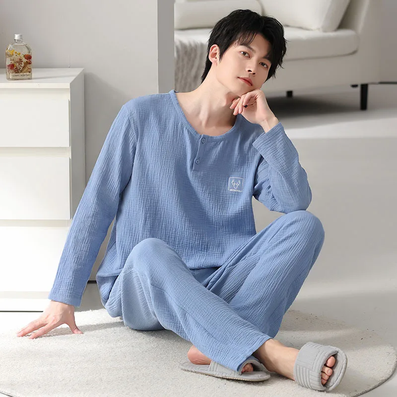 Cotton Men's Pajamas Set for Spring Autumn Two-layer gauze Long Sleeves Trouser 2Pcs/set Homewear Male Young Boy Loungewear