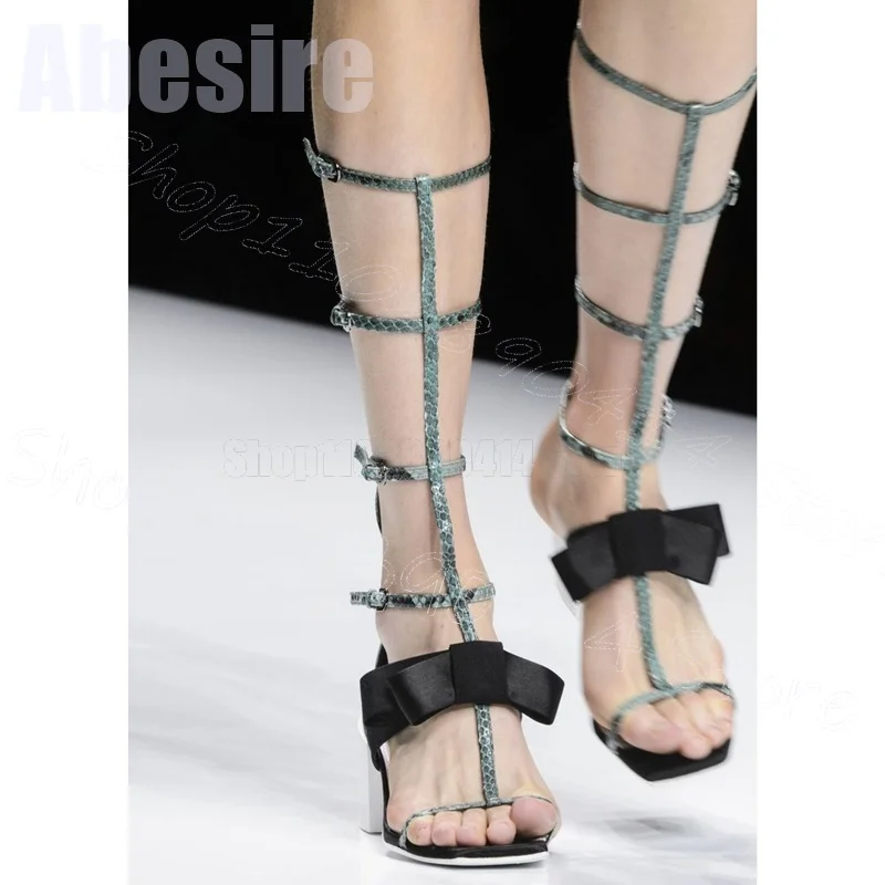 

Green Hollow Design Bow Knot Sandals Boots Buckle Strap Women Shoes Chunky High Heels New Party Runway 2025 Zapatos Para Mujere