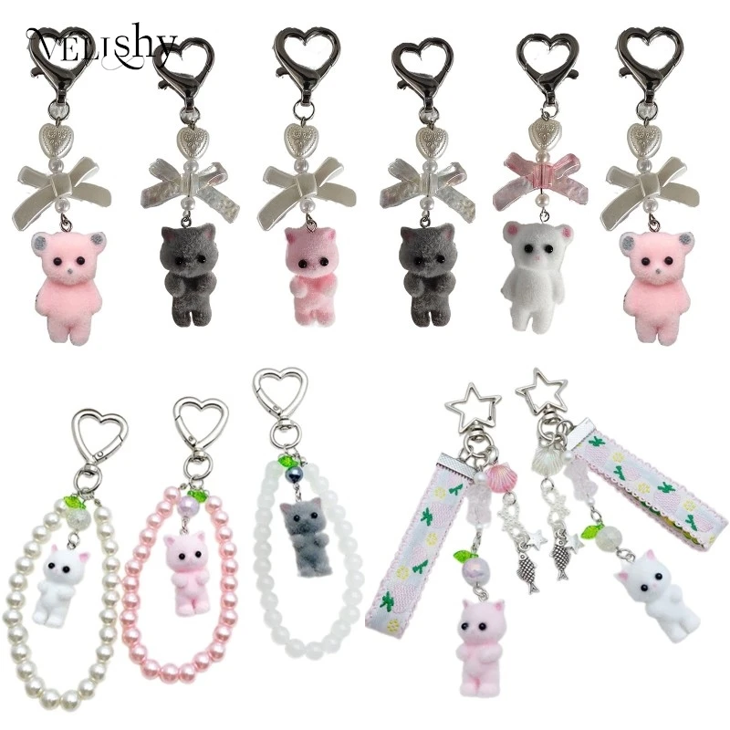 Flocking Cat Bear Keyring Bowknot Pendant Keychain Bows Phone Lanyard Animal Key Chain Charm Accessories Car Keys Holder