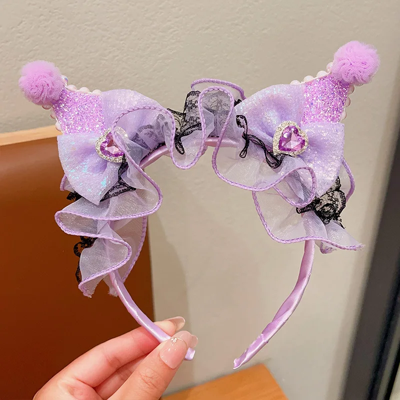 Sanrio Kawaii Kuromi Purple Headbands Anime Figure Mesh Bow Girls Hairband Babies Birthday Party Hair Accessories Cosplay Gifts