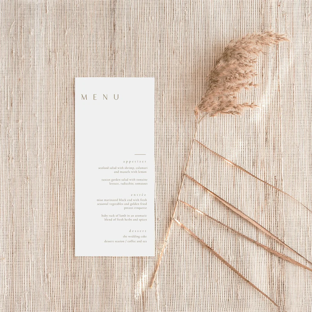 Carte del Menu di nozze moderne, carte del Menu di nozze Minimal, Menu arancione bruciato, carte del Menu d'oro, carte del Menu di nozze Boho