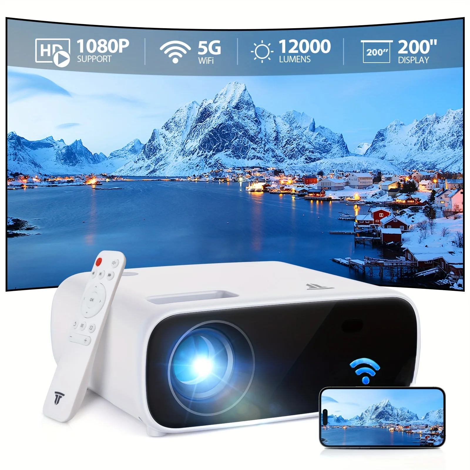 Portable High-definition Video Projector, 5G WiFi And Wireless Connection, Compatible With Smartphones/Tablets/ PC/HDTV/USB/AV.