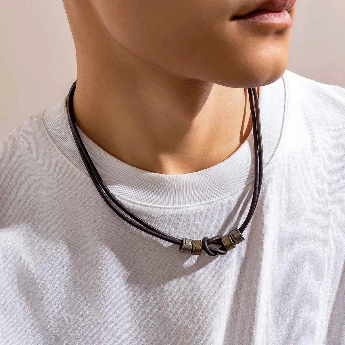 Lacteo Hip Hop Cylindrical Beads Charm Necklace for Men PU Leather Rope With Tie a knot Choker Neck Chain Jewelry Punk New