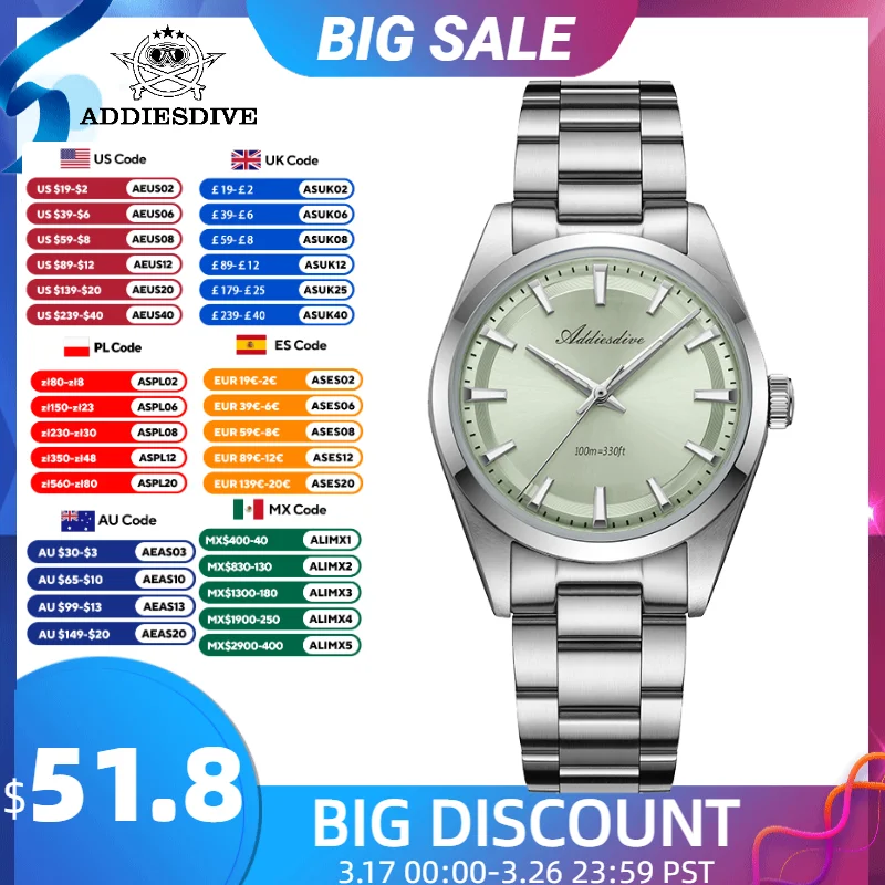 ADDIESDIVE New Quartz Watch Men Luxury VH31 AR Coating 100m Waterproof Natural Green 316L Stainless Steel Luminous 36mm Watch