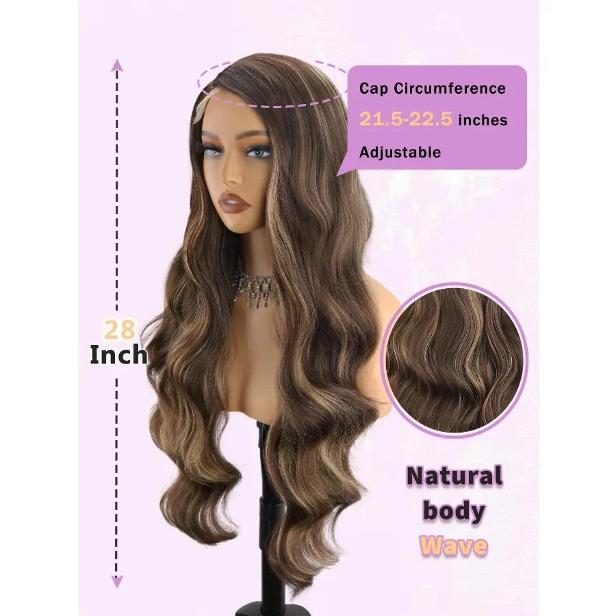 شعر مستعار بني طويل مموج مع تسليط الضوء على أشقر بني مختلط وتصميم الجزء الجانبي للنساء شعر مستعار اصطناعي طبيعي مثالي لـ D #4