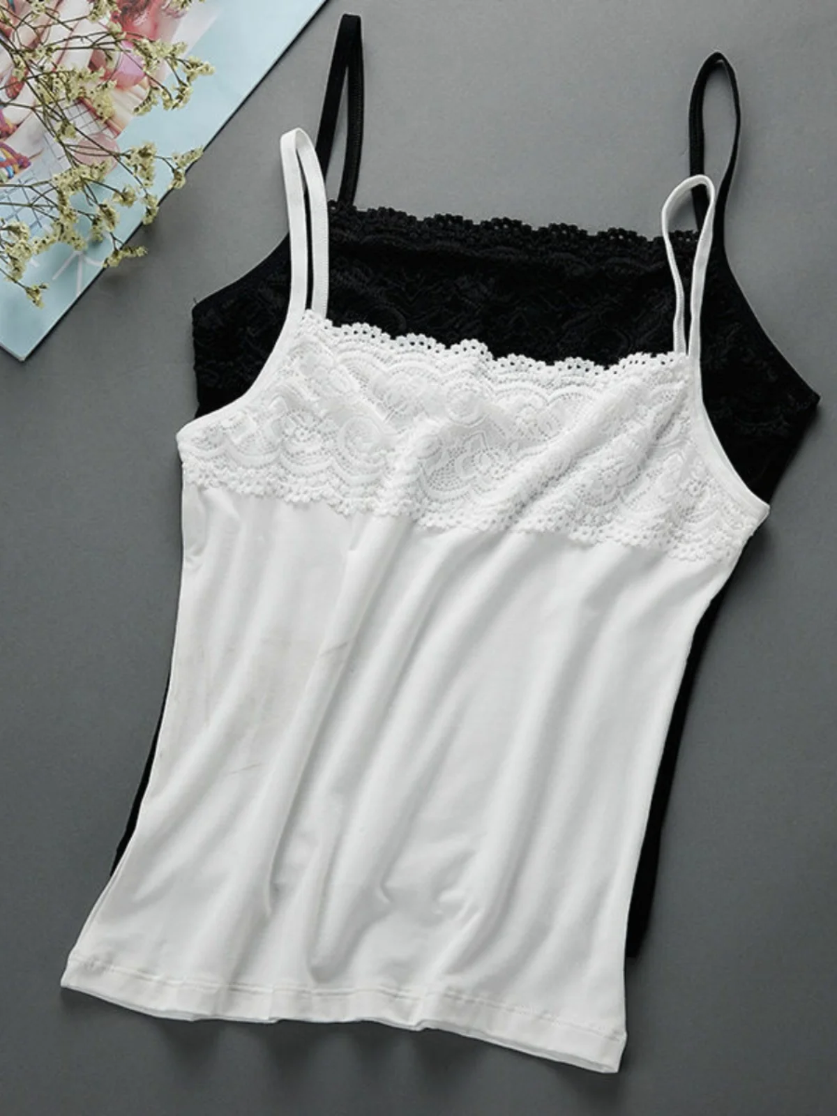 Camiseta sin Mangas de Algodón para Mujer, Talla Grande, Ajustada, con Encaje, para Primavera y Verano, Color Blanco