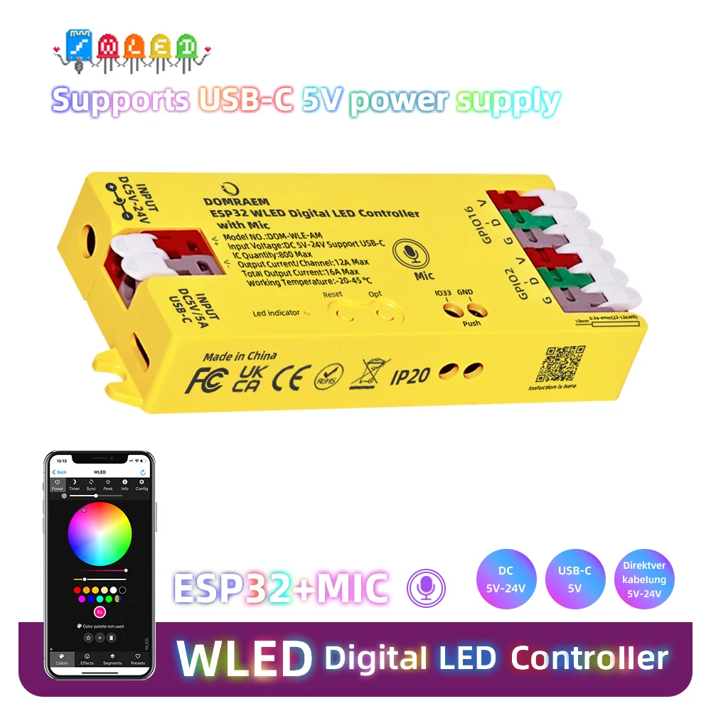 Domraem DIY ESP32 WLED Digital Music Controller USB-C for WS2812B/14/15/05, works with MQTT, Home Assistant & Alexa dc12-24v 16A