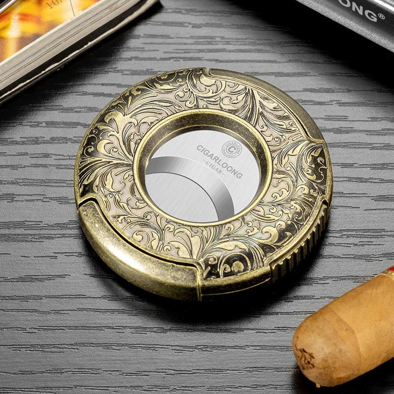 Scotte Cigar Cutter Guillotine Bronze Engraved Cigar Straight Cutter Round Shape Double Stainless Steel Blade Cigar Clipper