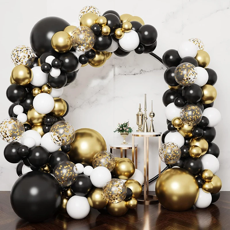 143Pcs Black and Gold Balloon Garland Arch Kit White Latex Balloons for Graduation Party Birthday Anniversary Festival Decor