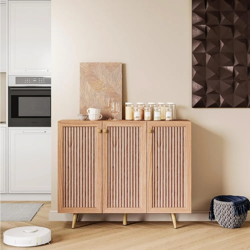 

Modern Farmhouse 3 Door Storage Cabinet with Adjustable Shelves, Brown Accent Cabinet with Metal Legs Kitchen Storage Cabinet, S