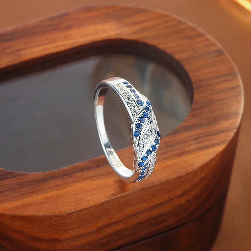 خاتم نسائي من الفضة الإسترليني عيار 925 مع زركون AAAA أزرق، مجوهرات أنيقة مجوفة، شريط قابل للتعديل، هدية لها #5