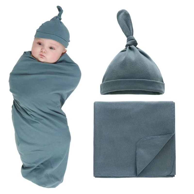 

Baby blanket 100% Cotton Knitted Baby Swaddle Set with Hat - Newborn Receiving Wrap, Burp Cloth for Boys & Girls 아기담요 لحافات