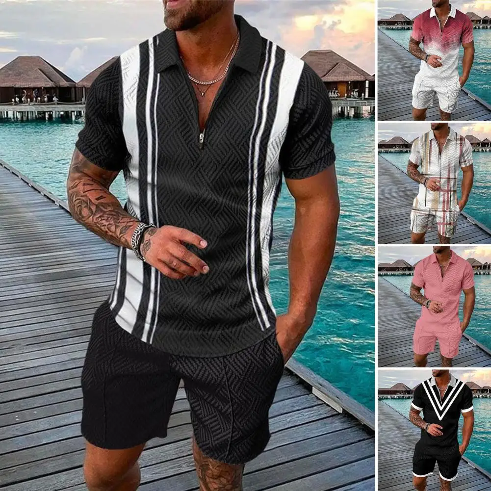 

Мужской Хлопковый спортивный костюм, Однотонная рубашка на молнии с короткими рукавами и шорты, Повседневная Уличная одежда, костюм из 2 предметов, лето 2022