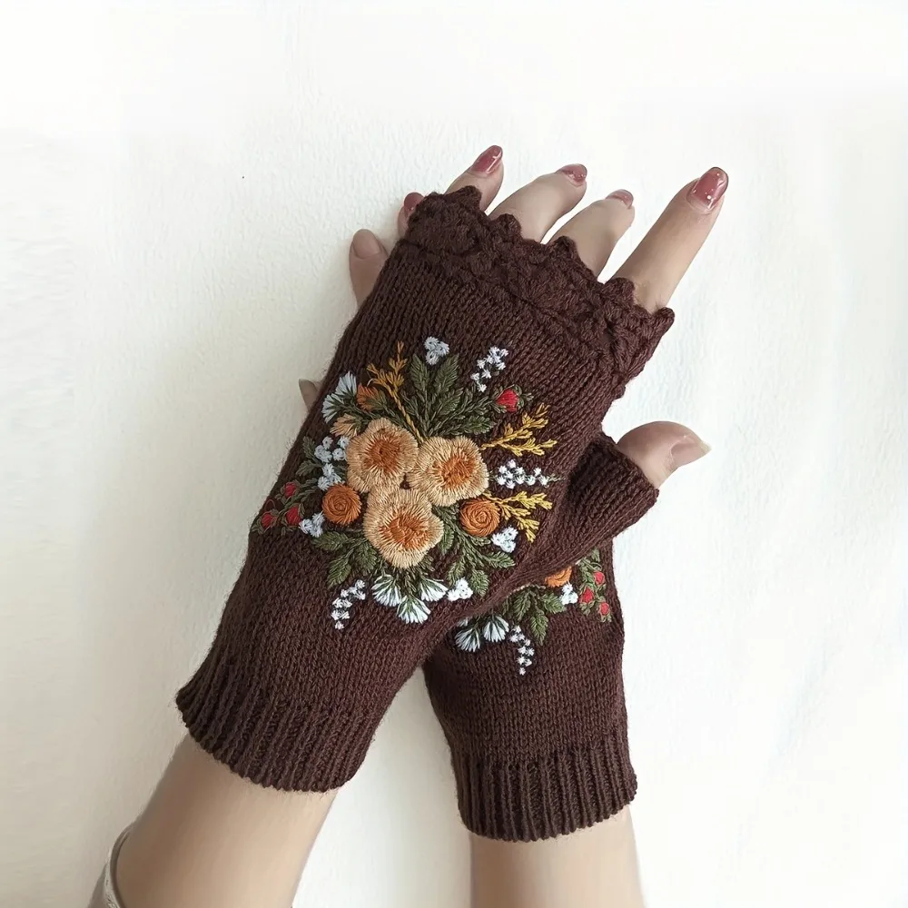 Vintage Embroidery Knitted Gloves Embroidered Floral Half Finger Winter Wool Gloves Windproof Korean Style Touchscreen Gloves
