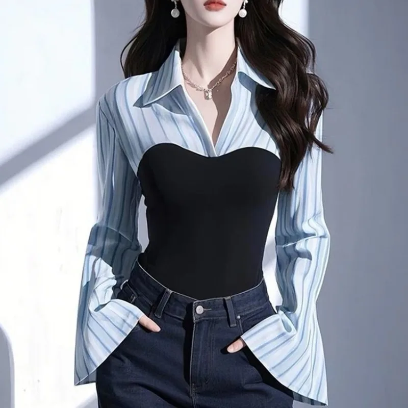 

Women Spring Autumn Fashion Patchwork Striped Polo Collar Flare Sleeve Shirts Ladies Simplicity Office Lady All-match Trend Tops