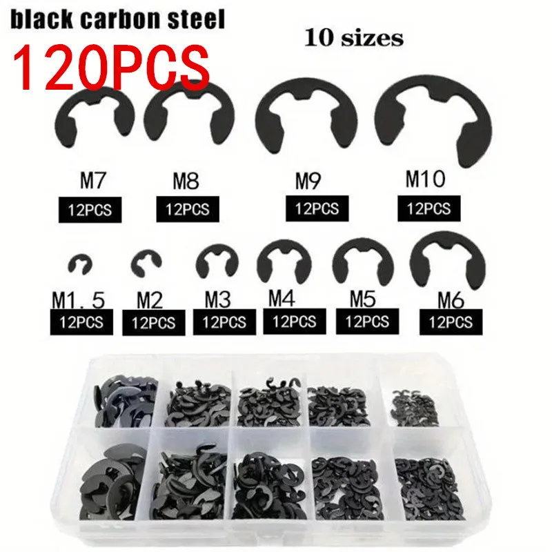 120PCS Black Stainless Steel Retaining Circlip Set Snap Ring E-Clip Washer Assortment for Shaft Fastener M1.5-M10