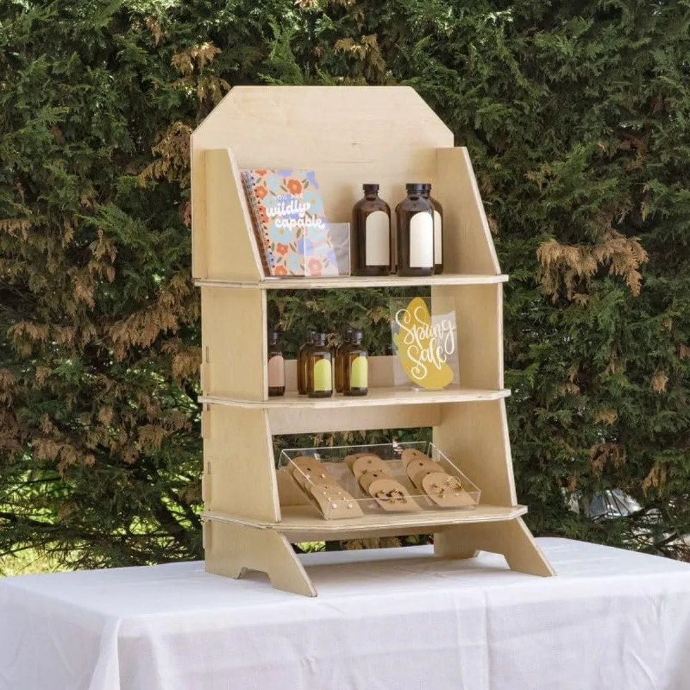 Wooden Large 3 Tier Countertop Display – Collapsible Tiered Merchandising Shelf Portable Retail Countertop Display