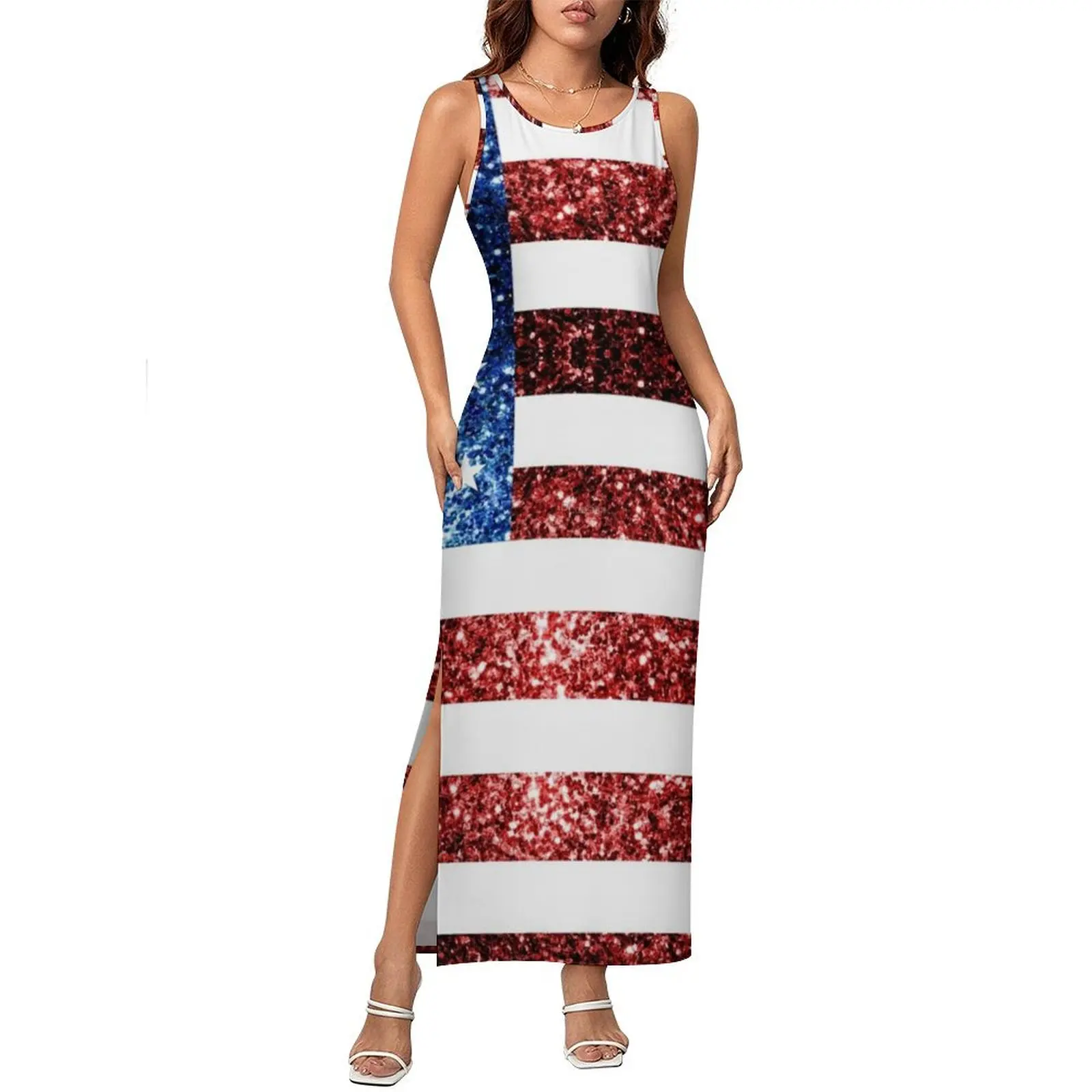American Flag สีแดงสีฟ้าชุดแขนกุด Faux Sparkles Glitters อินเทรนด์ Slim เซ็กซี่ชุด Maxi ฤดูร้อน Street สไตล์ชุดเข้ารูป