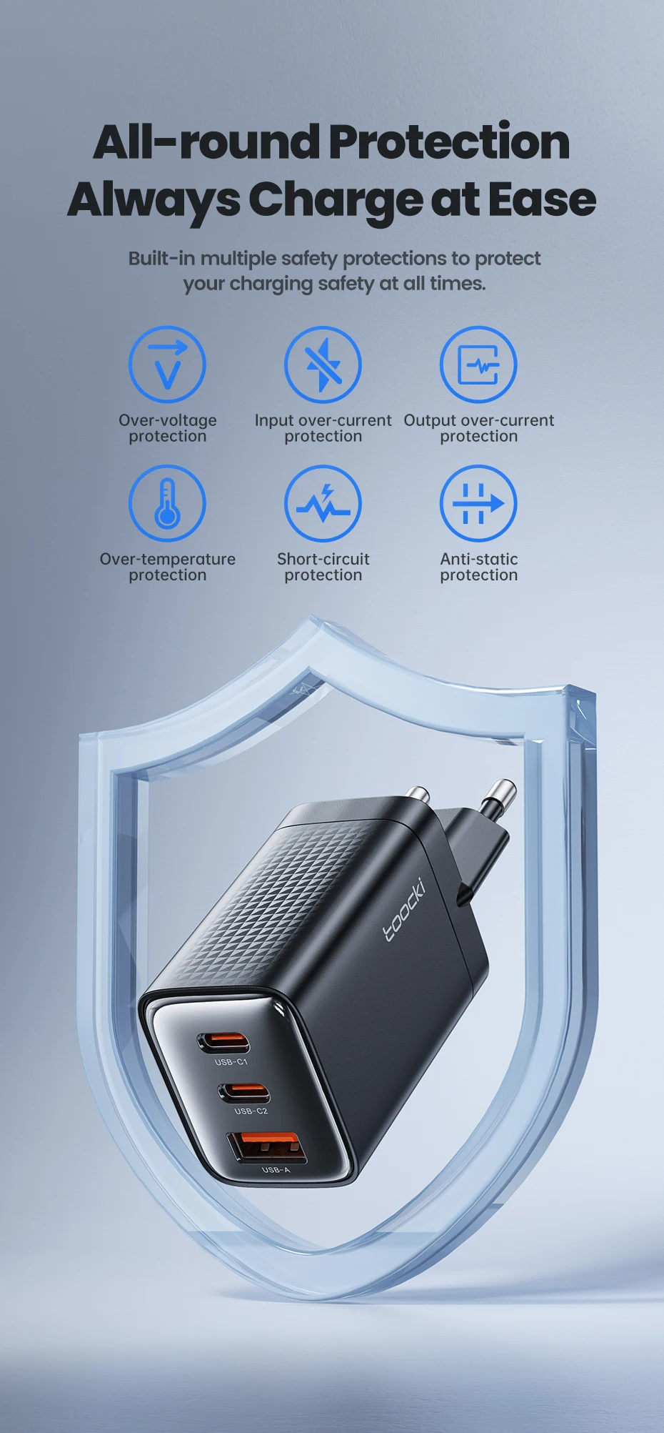 Toocki 65 W GaN USB-Ladegerät Typ C QC4.0 PD3.0 PPS Schnellladung für iPhone 16 15 14 Samsung 24 S23 Xiaomi Huawei Realme Laptop – Detail 6