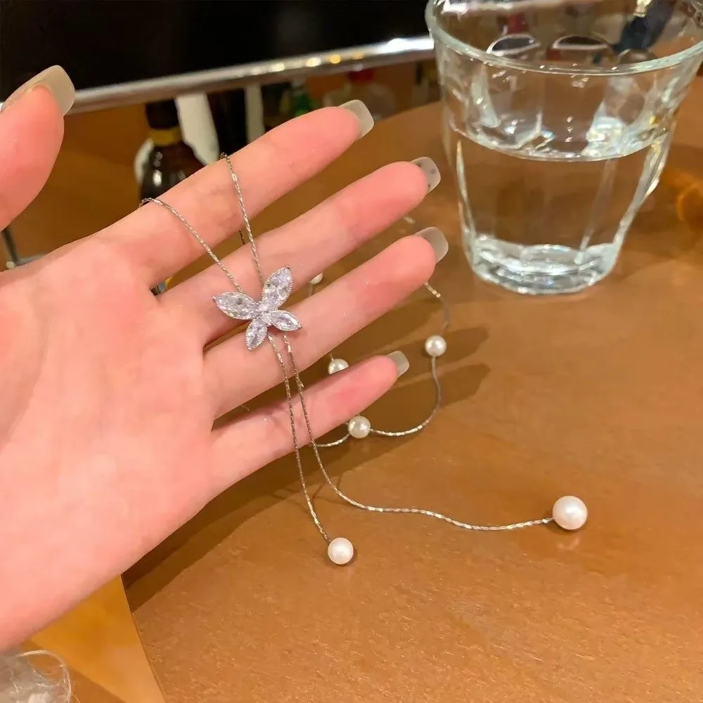 Fashion Flower Butterfly Necklace Charm Metal Chain Pearl Choker Neck Jewelry Ethnic Style Tassel Collarbone Chain Gift