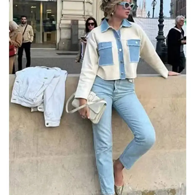 

Spring New Women's Mat Collar Long Knitted Splice Denim Commute Loose Fit Button Up