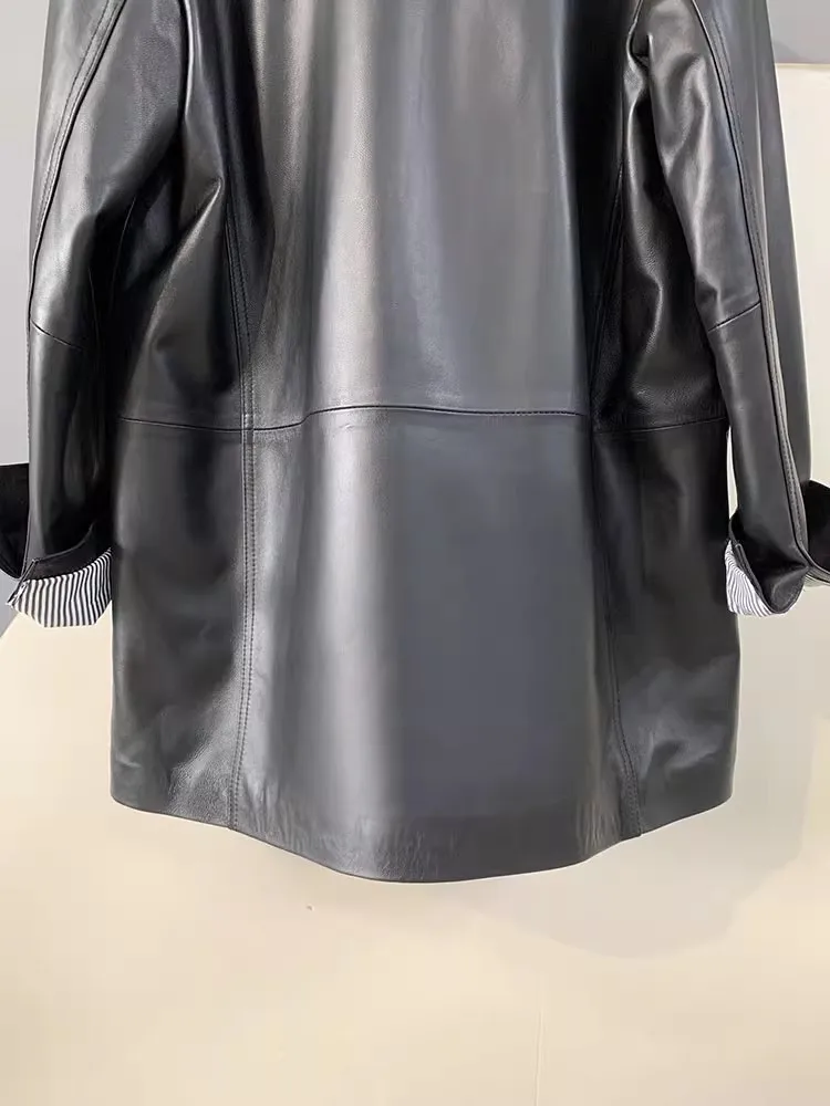 새로운 오피스 레이디스 천연 가죽 캐주얼 수트 재킷 싱글 브레스티드 루즈핏 미디엄 롱 코트 여성 패션 양가죽 블레이저