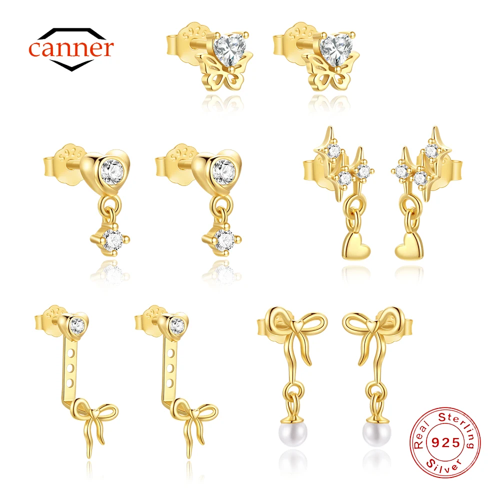 

CANNER Heart-shaped Zircon 925 Sterling Silver Stud Earrings For Women Ins Exquisite Butterfly Knot Earring Valentine's Day Gift