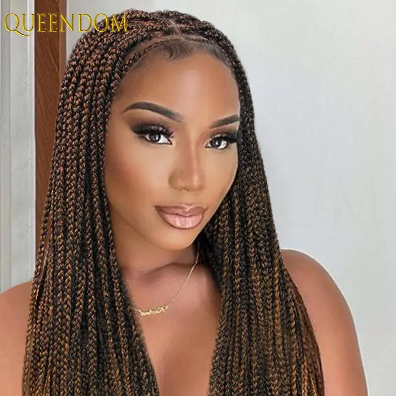 32 zoll Synthetische Volle Spitze Geflochtene Perücken Für Schwarze Frauen Ombre 1B27 Zöpfe Spitze Perücken Göttin Böhmischen Box Braid Locs perücke