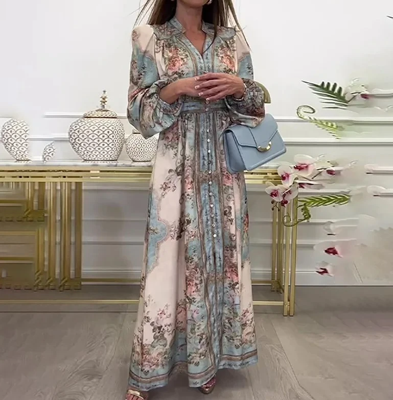 Abito lungo da sera da sera con stampa floreale retrò da donna, manica lunga a sbuffo, scollo a V, abbottonato, elegante abito lungo da festa