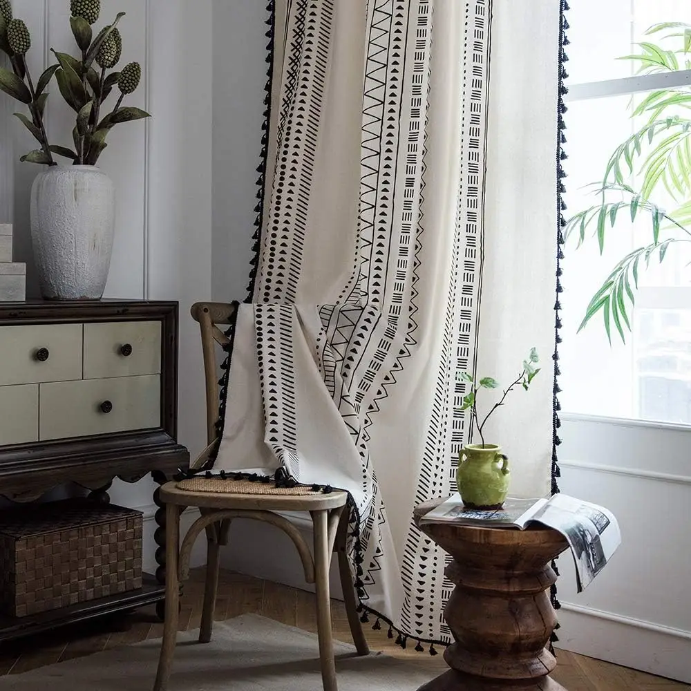 

Boho Curtains 84 Inches Length Modern Farmhouse Decor Black and White Striped Geometric Aztec Western Window Treatment C