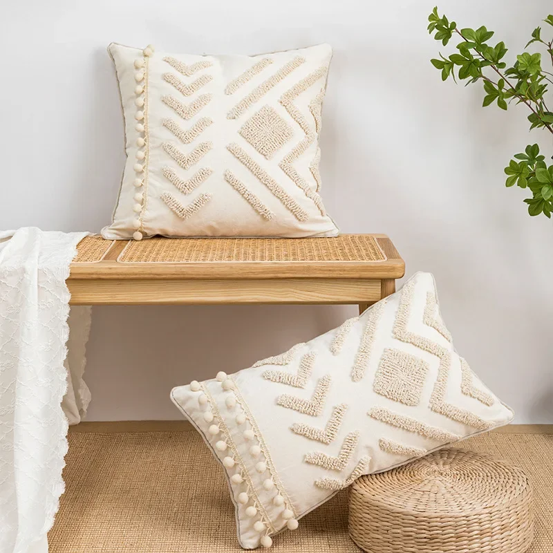 Boho Sofa Home Beige 30x50cm Pillow Pompom 45x45cm/ With Embroidery Ethnic Decoration Cover Pillowcase Geometric Cushion