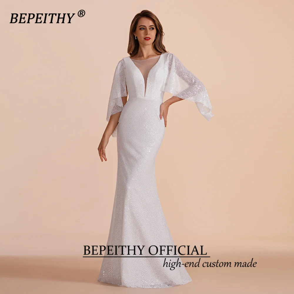 BEPEITHY Customized V Neck Sequins Evening Party Gown For Women 2023 Half Sleeves Full Length Spring Prom Formal Dresses Vintage