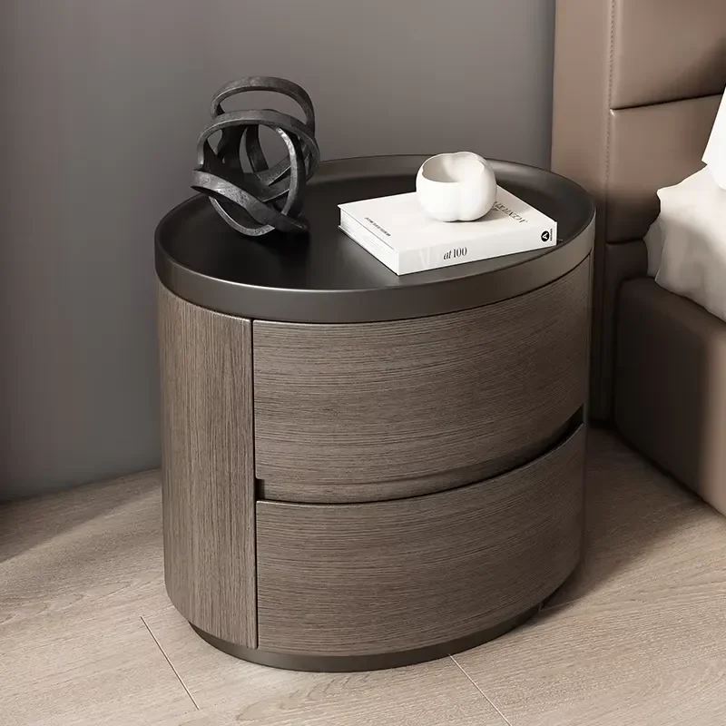 Round Bedside Table, Italian Minimalist Light Rock Plate, High-end Simple Modern Solid Wood Bedroom Storage