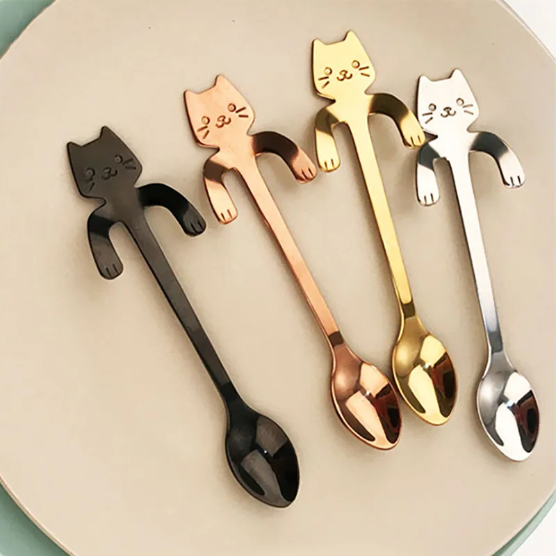 

304 stainless steel handle hanging cat spoon creative stirring spoon cute cartoon cat dessert spoon coffee spoon mini spoon