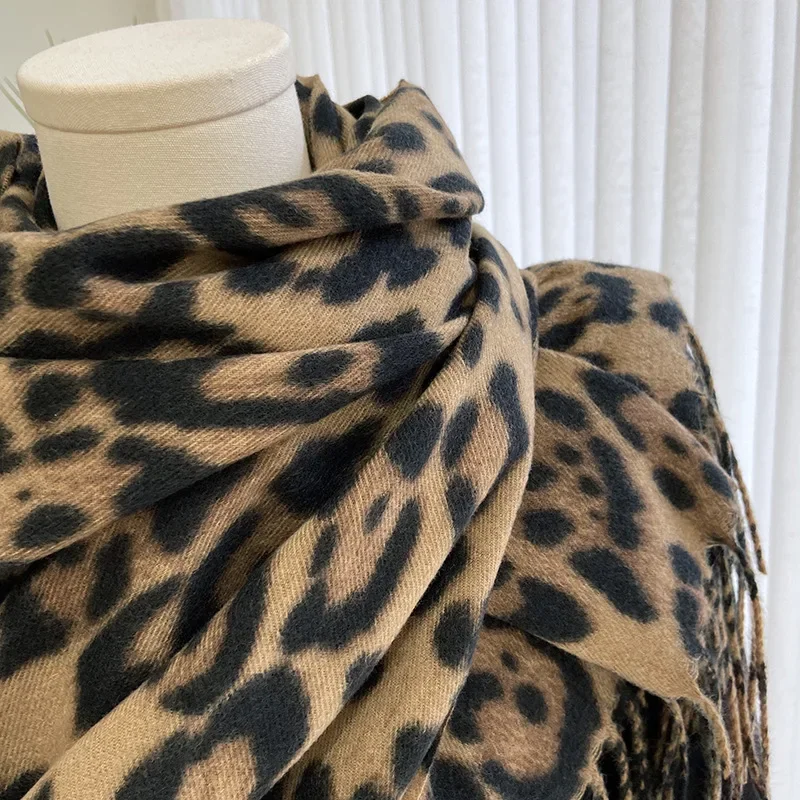 Women's Leopard Print Winter Fashion Scarf Thick Imitation Cashmere Printed Tassel Shawl  All The Warm Neck