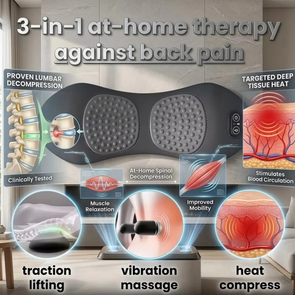 3-in-1 Heated Vibrating Back Massager & Stretcher | Lumbar Traction Support Pillow for Pain & Herniated Disc Relief