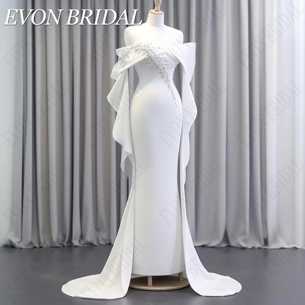 Edon eleganckie ślubne białe suknie wieczorowe formalne marszczone rękawy kreska syrenka suknia wieczorowa haft długa peleryna vestidos de noche Eleganckie Białe Suknie Wieczorowe Formalne Ruffles Rękawy Crape Syrena S