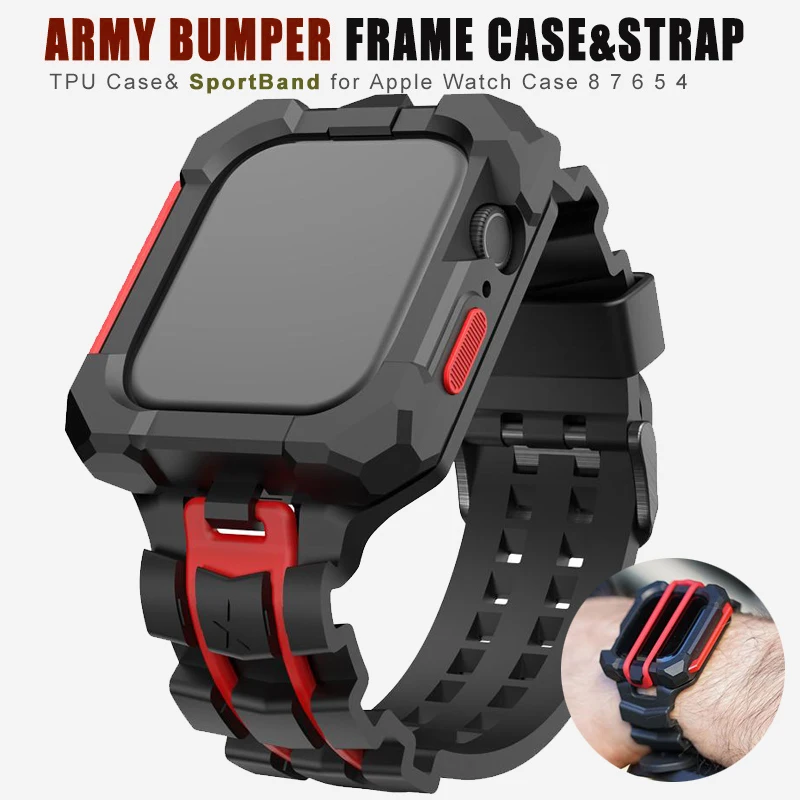 Case+Strap for Apple Watch Band Rubber 45mm 44mm 42mm Sports Outdoor Bumper Frame Loop Military Army for Iwatch Series 8 7 6 5 4