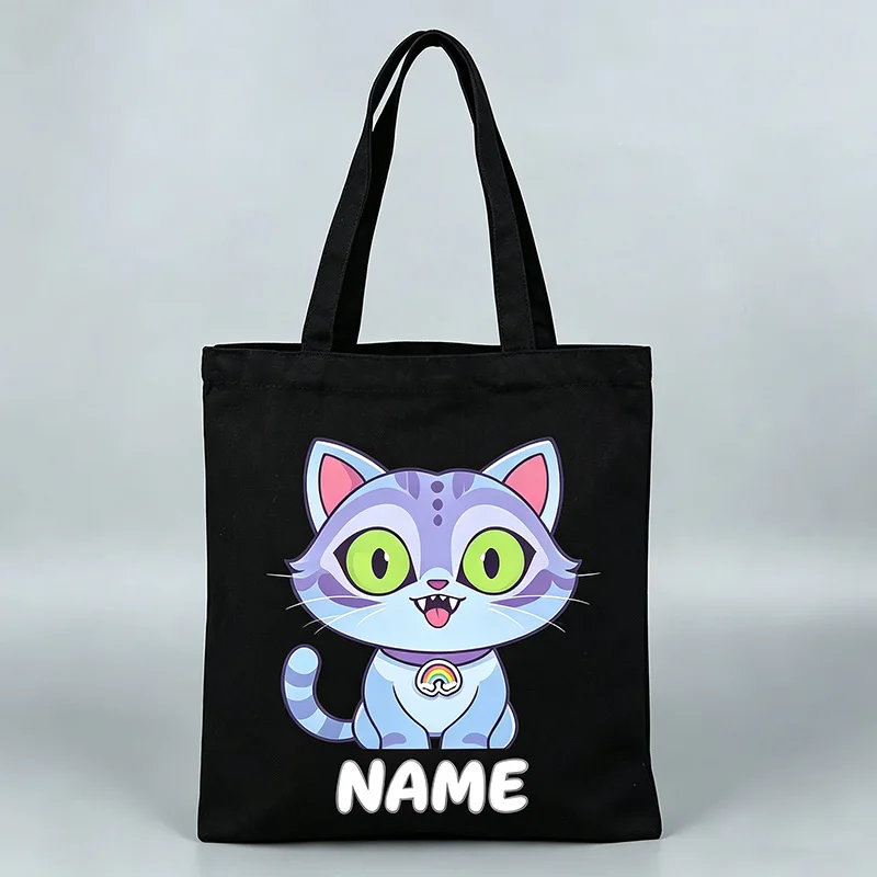 Customized Name Canvas Bag Cute Blue Cat Canvas Tote Bag Casual Shoulder Bag Student Book Bag Daily Shopping Reusable Handbag