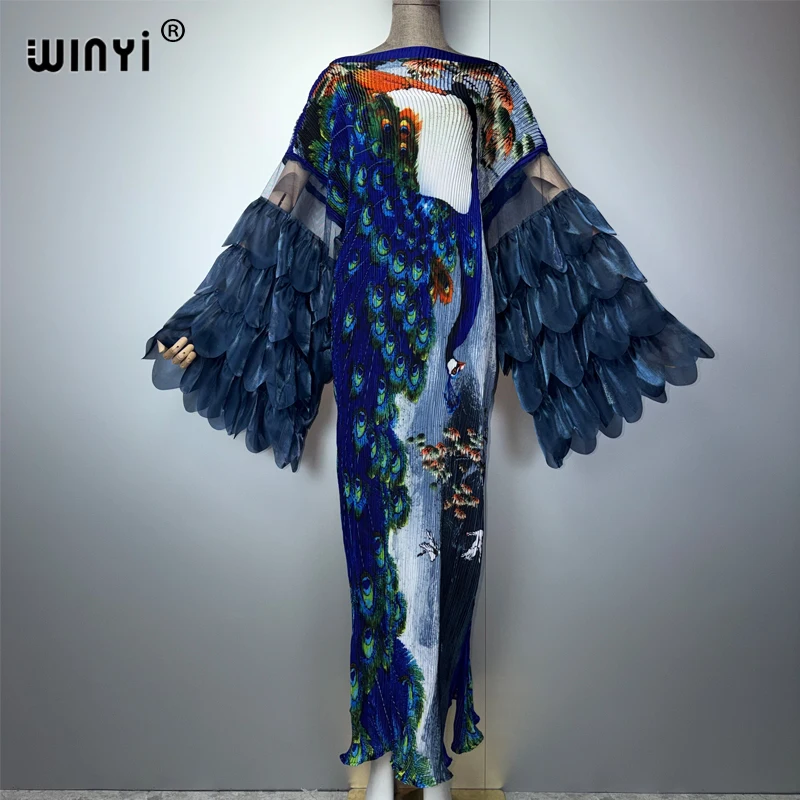 

WINYI Pleated Elastic Slim Dress Beach Cover up Kaftan Abaya Dubai Luxury Party Crimping Evening Muslim Woman