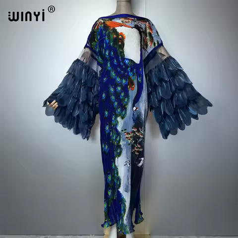 WINYI Pleated Elastic Slim Dress Beach Cover up Kaftan Abaya Dubai Luxury Party Crimping Evening Muslim Woman